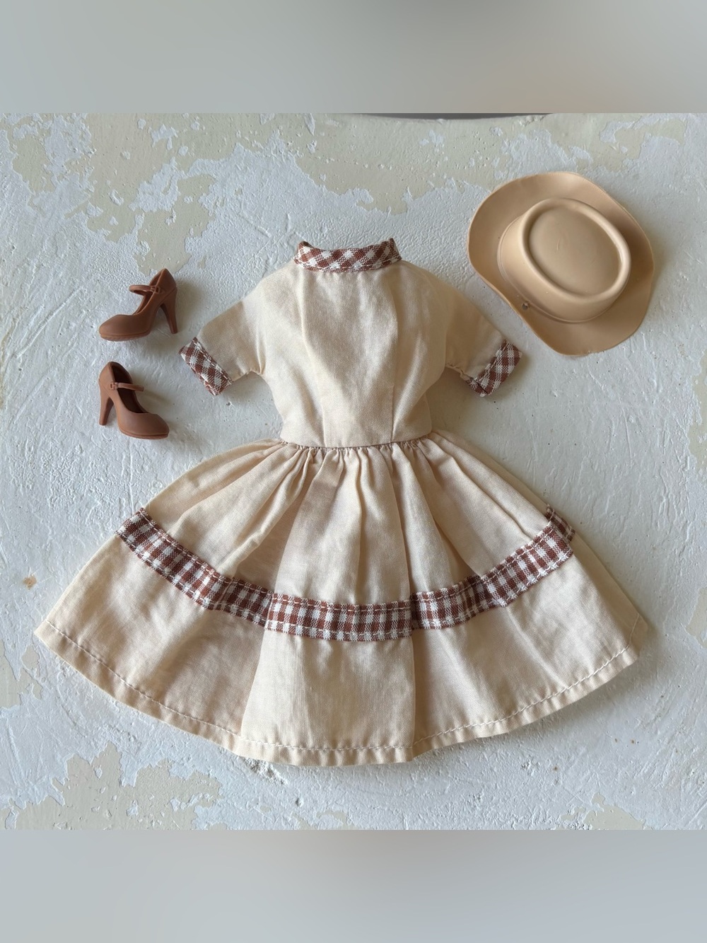 Barbie Cream Dress with Brown Gingham Trim dress, shoes, & hat